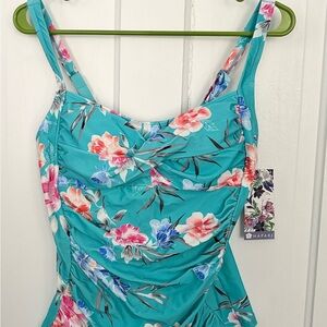Hapari Teal Floral Ruched Tankini Swimsuit Top